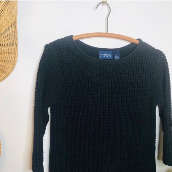 vtg vsco Crop Waffle Knit Black Boat Neck Sweater - Picture 5 of 6